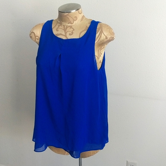 E M Tops Sheer Electric Blue Top With Deep Back Plunge And Gold